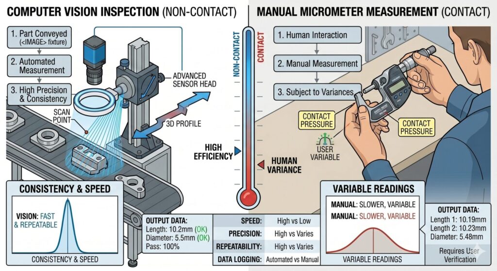 Hình ảnh này so sánh sự nhất quán, tốc độ, và độ chính xác của đo lường không tiếp xúc bằng Computer Vision với phương pháp thủ công dùng panme. Nó trực quan hóa cách hệ thống vision xử lý dữ liệu để giảm sai sót do con người và lưu bằng chứng trực quan.