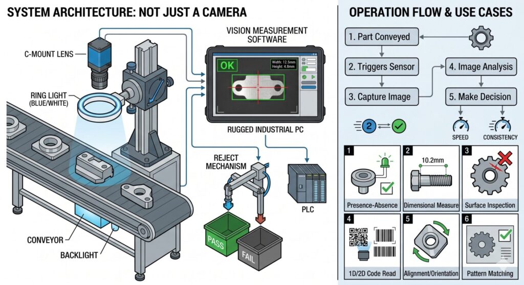 Hình ảnh này mô phỏng toàn bộ quy trình đo lường không tiếp xúc và kiểm tra chất lượng inline trên một dây chuyền thực tế, làm nổi bật việc Computer Vision là sự kết hợp của nhiều thành phần quang-cơ-điện chứ không chỉ là camera.